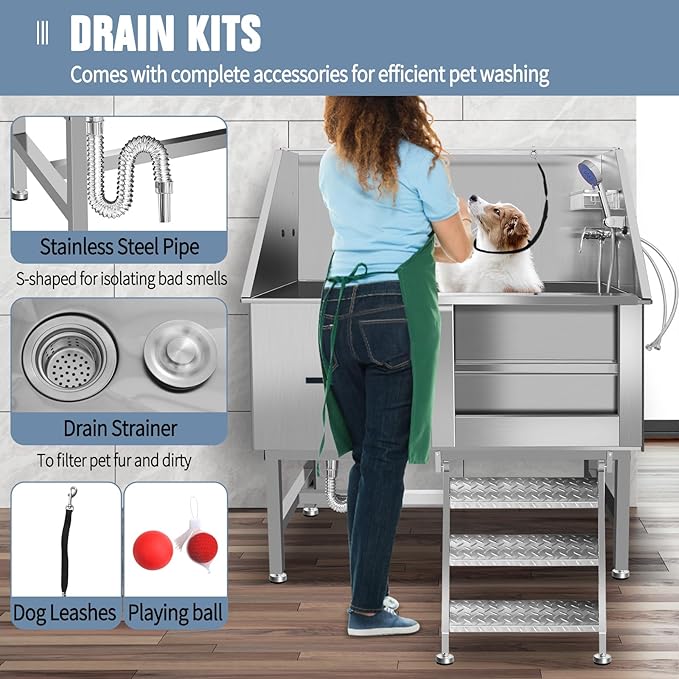 Dog Washing Station 38'' Stainless Steel Pet Grooming Tub for Large Dogs Over-Size Professional Dog Grooming Bathtub Station Wash Shower Sink Pet Grooming Bathtub Station-PawvioPets