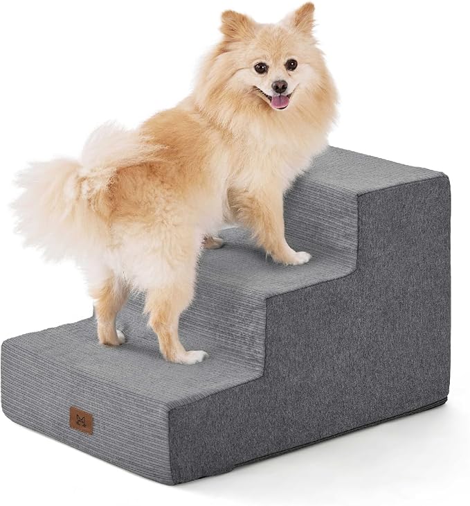 Dog Stairs for Bed, Dog Steps for Bed Couch Sofa, 35D Foam Pet Steps for Small Dogs and Cats, Extra Wide Pet Stairs with Non-Slip Bottom Grey, 3 Steps-PawvioPets
