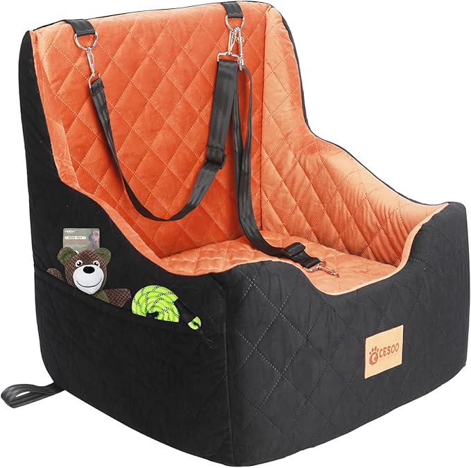 Dog Car Seat for Small/Medium Dogs Under 40lbs, Dog Booster Car Seats Memory Foam and Velvet, Detachable and Washable Pet Booster Carseats with Clip-On Satebelt and Storage Bag.(Black/Brown)-PawvioPets