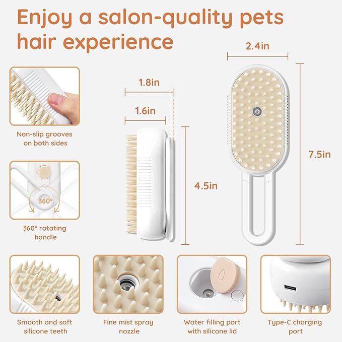 GKZ Cat Steam Brush, 3 in 1 Pet Comb for Massage, Cleaning, Shedding and Combing, Electric Mist to Prevent Flyaways for Home, Dogs and Cat Lovers - White-PawvioPets