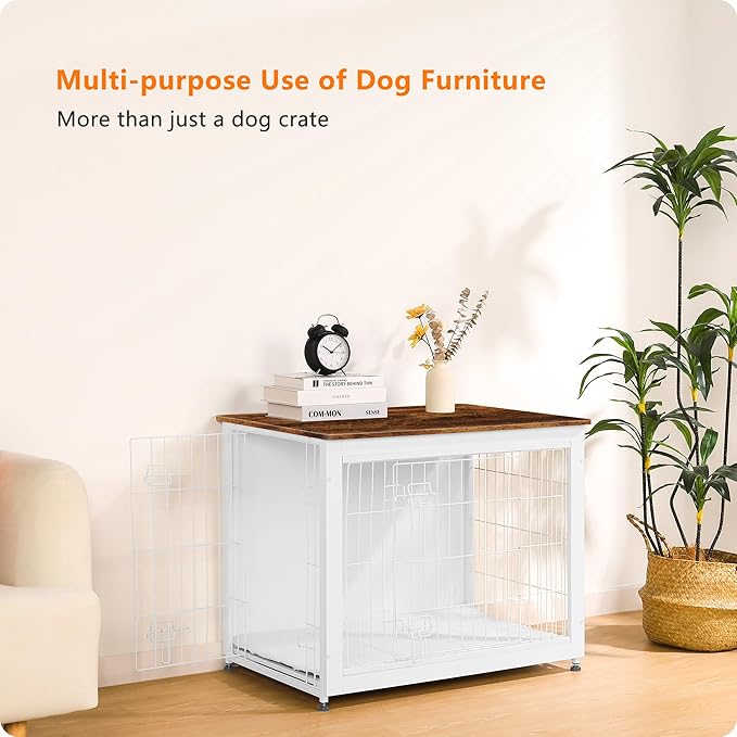 DWANTON Dog Crate Furniture with Cushion, Wooden Kennel Table with Double Doors, Indoor Dog House, Medium Size, 32.5" L, White+Rustic Brown-PawvioPets