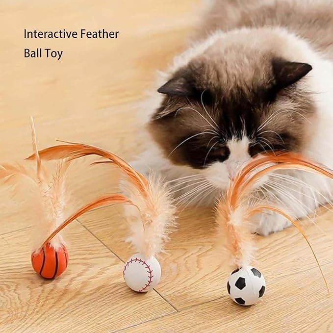 2025 New Interactive Cat Feather Ball Toy Set - Elastic Bouncy Cat Toys with Feather Tails, Silicone Rolling Balls for Indoor Cats & Kitten Exercise, Safe & Fun Play (1 Set)-PawvioPets