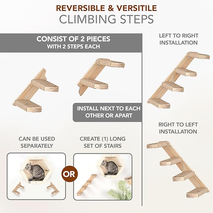 3-Piece Cat Wall Furniture Set - Hammock, Hexagon House, Climbing Steps - Wall Mounted Shelves, Perches, and Beds - Modern Design for Large Cats and Kittens & Spare Hammock Fabric Included-PawvioPets