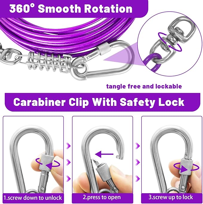 Dog Tie Out Cable - 10/15/20/25/30FT Heavy Duty for Large Dogs Up to 250LBS - Rosy Pink/Blue/Purple/Silver/Red/Green/Yellow-PawvioPets