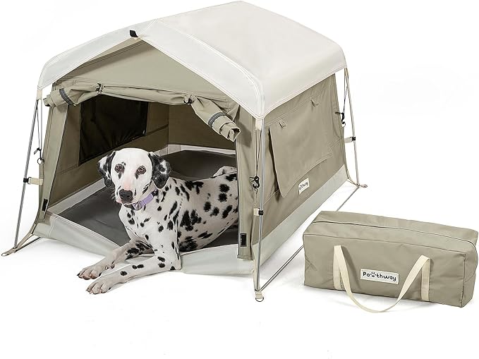 Dog Tent Cotton Fabric, Aluminum Poles and Camping Mat, Outdoor Weatherproof, Dog House Outdoor, Breathable with 2 Side Windows, Portable and Collapsible (Gray, Large)-PawvioPets