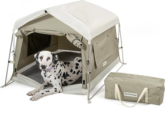 Dog Tent Cotton Fabric, Aluminum Poles and Camping Mat, Outdoor Weatherproof, Dog House Outdoor, Breathable with 2 Side Windows, Portable and Collapsible (Gray, Large)-PawvioPets