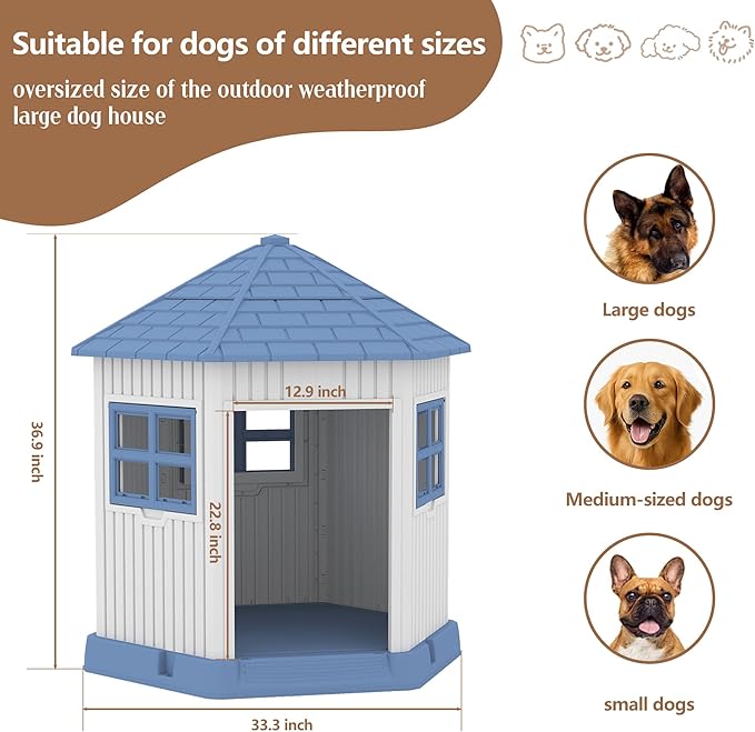 DRATO Dog House Indoor Outdoor Durable Large Dog Shelter with Outside Dog Kennel with Window and Elevated Floor for Small Medium Dogs (Blue, 34.8 * 30.51 * 36.89)-PawvioPets