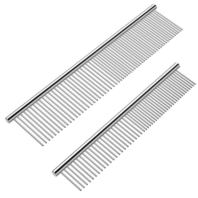 2 Pack Dog Combs with Rounded Ends Stainless Steel Teeth, Cat Comb for Removing Tangles and Knots, Professional Grooming Tool for Long and Short Haired Dog, Cat and other pets, 6.3IN/7.4IN-PawvioPets