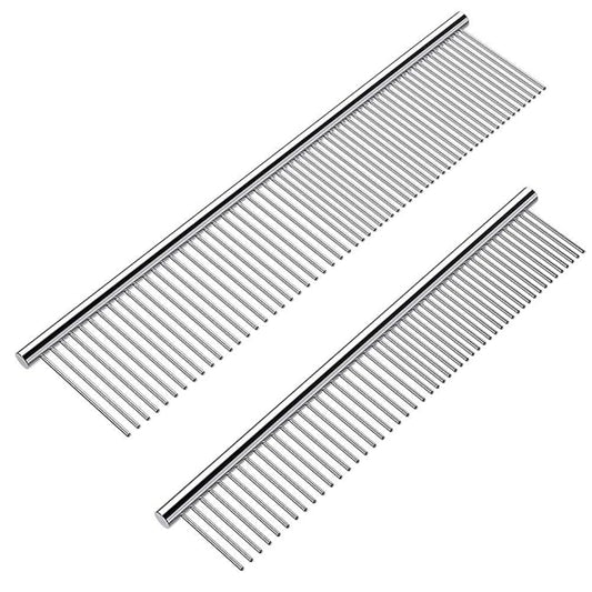 2 Pack Dog Combs with Rounded Ends Stainless Steel Teeth, Cat Comb for Removing Tangles and Knots, Professional Grooming Tool for Long and Short Haired Dog, Cat and other pets, 6.3IN/7.4IN-PawvioPets