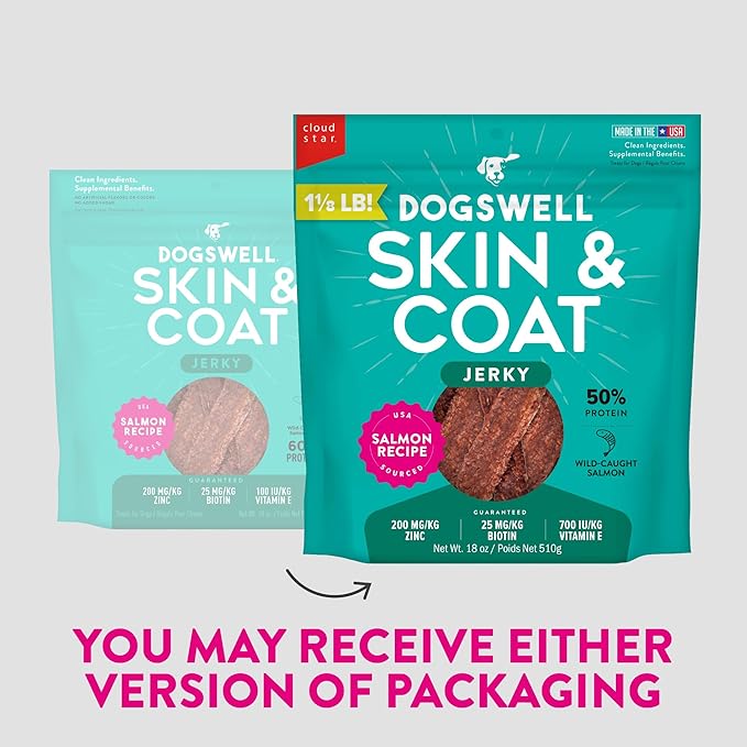 DOGSWELL Jerky Treats for Dogs, Skin and Coat Salmon Recipe 18 oz., 29235-PawvioPets