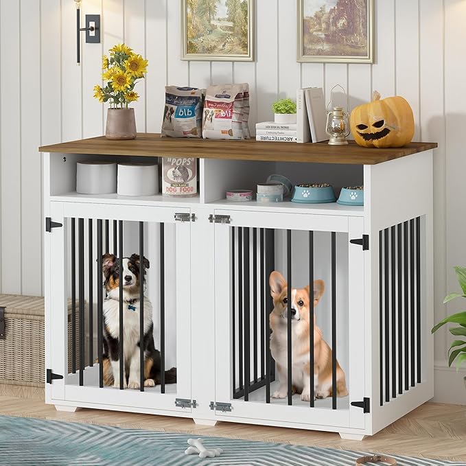 Furniture Dog Crate for 2 Dogs, 41 Inch Dog Kennel Furniture with Removable Divider and Shelf Storage, Wooden Dog Crate for Small/Medium Dogs, White-PawvioPets