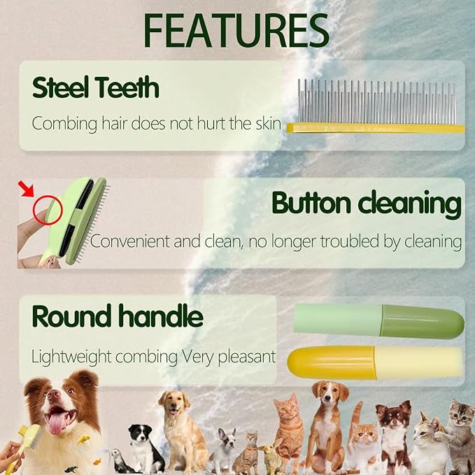 2Pcs Flea Comb for Cats Dogs,Long & Short Stainless Steel Metal Teeth for Shedding and Tangles,Cat Combs for Indoor Cats-PawvioPets