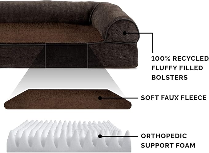 Furhaven Orthopedic Dog Bed for Large Dogs w/ Removable Bolsters & Washable Cover, For Dogs Up to 95 lbs - Sherpa & Chenille Sofa - Coffee, Jumbo/XL-PawvioPets