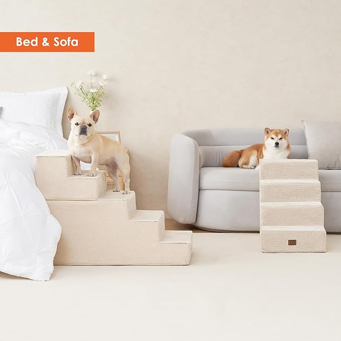 EHEYCIGA Dog Stairs for High Bed 25" H, 5-Step Extra Wide Dog Steps for Bed, Pet Steps for Small Dogs and Cats, Non-Slip Balanced Pet Ramp Indoor, Beige-PawvioPets