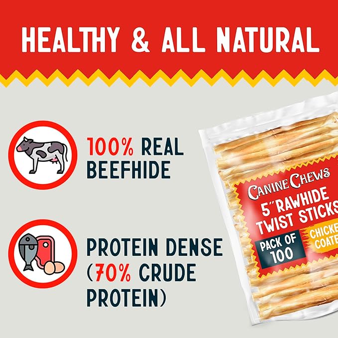 Canine Chews 5" Chicken Coated Sticks - Pack of 100 Chicken Wrapped Rawhide Dog Treats - 100% Real USA-Sourced Chicken Coating - Protein-Dense Chicken Wrapped Dog Treats Rawhide Chews-PawvioPets