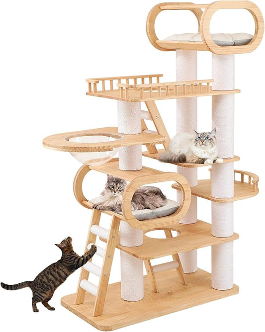 76.8'' Tall Modern Large Cat Tree,Multi-Level Wood Cat Tower for Indoor Cats Large Adults,Luxury Heavy Duty Cat Condo with Cushion,Scratching Posts,Clear Hammock Activity (76.8inch)-PawvioPets