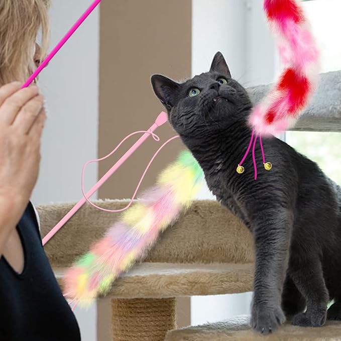 2 Pack Cat Wand Toy, Rainbow Cat Feather Toys with Bells, Teaser Wand with Soft Furry Tail, Interactive Toys for Indoor Cats & Kitten & Kitty-PawvioPets