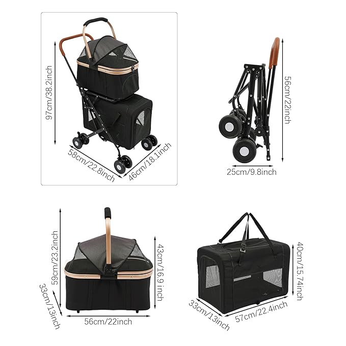 2-Layers Pet Stroller for 2 Cats/Dogs,Foldable Lightweight 77lbs Capacity Carrier, 4 Wheels, Removable Basket & Storage Pocket,for Small Pets (Black)-PawvioPets