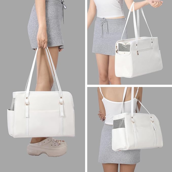 Dog Carrier Purse, Fashion Leather Pet Carrier with Pockets, Airline Approved Soft Sided Dog Carrying Bag for Puppy Cat Dog White-PawvioPets