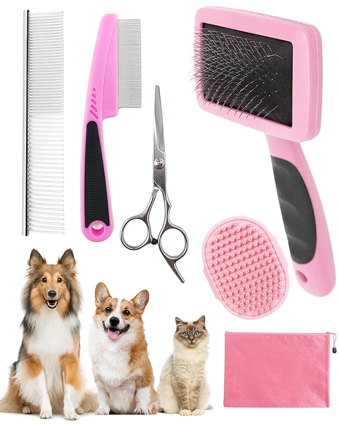 Dog Brush for Shedding Grooming,6 Pack Long-Pin Brush Set for Long Haired Dog Cat Goldendoodles Poodles Doodles Pink-PawvioPets