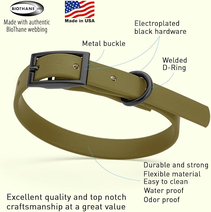 Dogline Biothane Waterproof Dog Collar Strong Coated Nylon Webbing with Black Hardware Odor- Proof for Easy Care Easy to Clean High Performance Fits Small Medium or Large Dogs, Olive Drab Green-PawvioPets