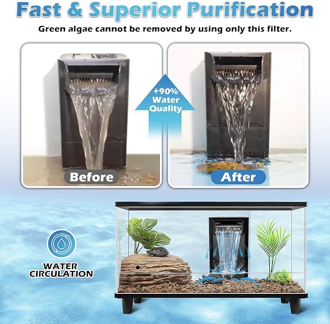 222GPH 10W Turtle Tank Filter Aquarium Filter Power Adjustable 10-40 Gal. Small Internal Filter 3-Stage Waterfall Bio-Filtration Quiet Low Water Level for Freshwater Saltwater Fish Tank Easy to Clean-PawvioPets