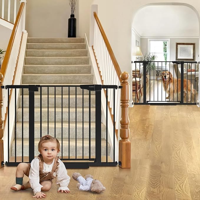 Cumbor 2 Pack 29.7-46" Baby Gate for Stairs, Mom's Choice Awards Winner-Auto Close Dog Gate for doorways, Easy Install Pressure Mounted Pet Gates indoor, Easy Walk Thru Wide Safety Gate for Dog, Black-PawvioPets