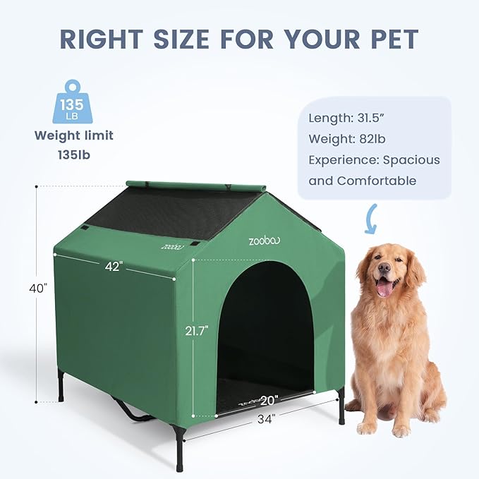 42" 2-in-1 Dog House for Medium Dogs, Elevted Dog House Outdoor/Indoor, Puppy Shelter Outside,Water Resistant 600D PVC and Durable 2x1 Textilene Raised Dog Bed(Green)-PawvioPets