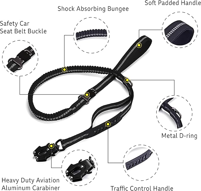 4-6FT Heavy Duty Dog Leashes for Large Dogs, Shock Absorbing Bungee Tactical Leash with 2 Padded Handle, Car Seatbelt and Metal Carabiner Clip, Strong No Pull Dog Leash for Medium-PawvioPets