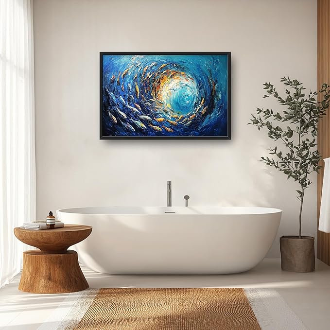 Extra Large Framed Abstract Ocean Fish Wall Art,Oversized Blue Sea Nautical Fish Wall Decor Pictures for Living Room,Canvas Print Painting Modern Artwork Bedroom Office Bathroom Home Decor 36L x24W-PawvioPets