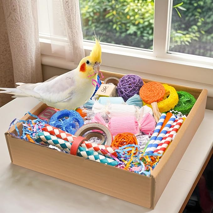 Colorful Bird Foraging & Shredding Toys Box – Safe Bird Toys for Parakeets, Cockatiels, Conures & Small Birds, Perfect for Spring and Summer-PawvioPets