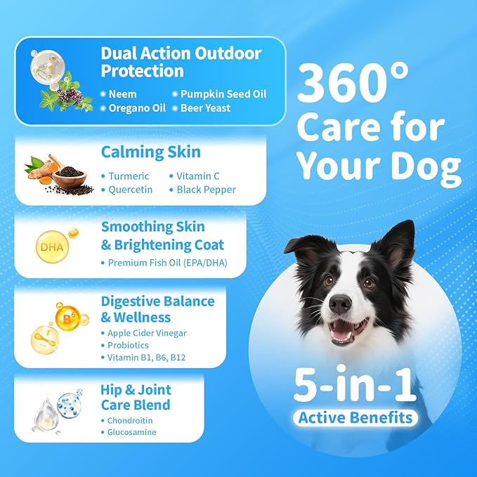 Dog Flea and Tick Support Chewable, Natural Dog Flea Comfort Supplement, Oral Chews with Neem, Oregano Oil, Pumpkin Seed Oil & Brewer's Yeast – 135 Soft Chews, Beef Flavor – for All Breeds & Sizes-PawvioPets