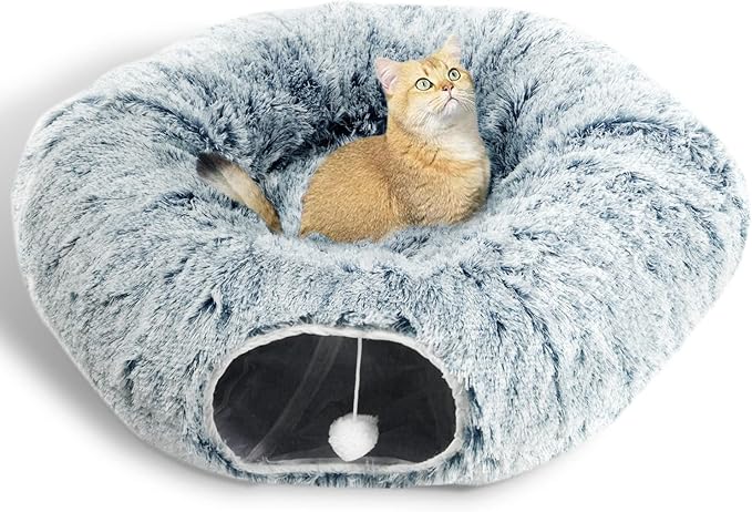 AUOON Cat Tunnel Bed - Cat Donut Tunnel with Soft Plush Circle Cushion for Indoor Cats Kitten Kitty Puppy Rabbit Ferret (Gray)-PawvioPets