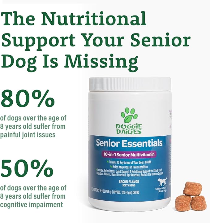 Doggie Dailies Senior Essentials Multivitamin for Dogs Soft Chews | Advanced Dog Multivitamin | Nutritional Support for Joints, Skin & Coat, Digestion, and the Immune System | Bacon Flavor | 120 Count-PawvioPets
