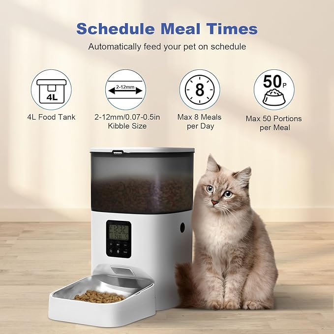 Automatic Cat Feeder, 4L Cat Food Dispenser with 10s Voice Recorder, Pet Feeder up to 8 Meals per Day, Timed Cat Feeder with Dry Food Sealed Ring (Jade White, 4L)-PawvioPets