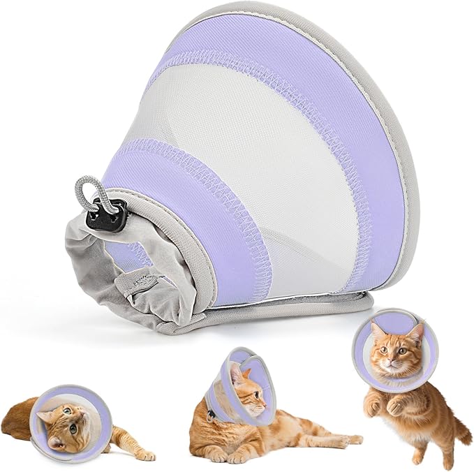 Breathable Air Mesh Cat Cone Collar Soft to Stop Licking, Adjustable, Foldable Lightweight Kitten Cones After Surgery Recovery for Cats & Kittens (Light Purple,M)-PawvioPets