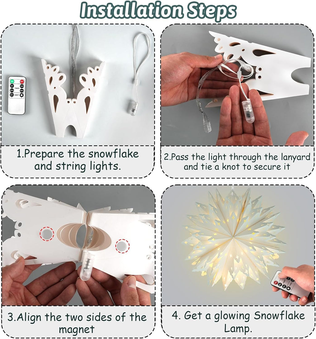 5 Pack Christmas Paper Snowflake Lanterns, Christmas Paper Star Lantern with LED Light White Hanging Lamp Ornaments for Xmas Tree New Year Winter Frozen Weddings Birthday Holiday Party Decorations