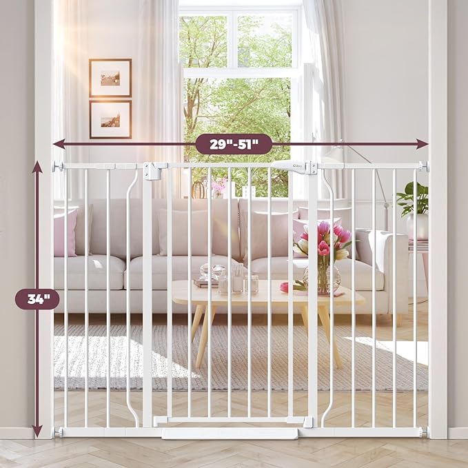 34" Extra Tall Baby Gate for Stairs, Auto Close Stroller Friendly Dog Gate Indoor for Doorways, Pressure Mounted 29"-51" W Baby Gate, Easy Walk Through Gate for Children & Pets, White-PawvioPets