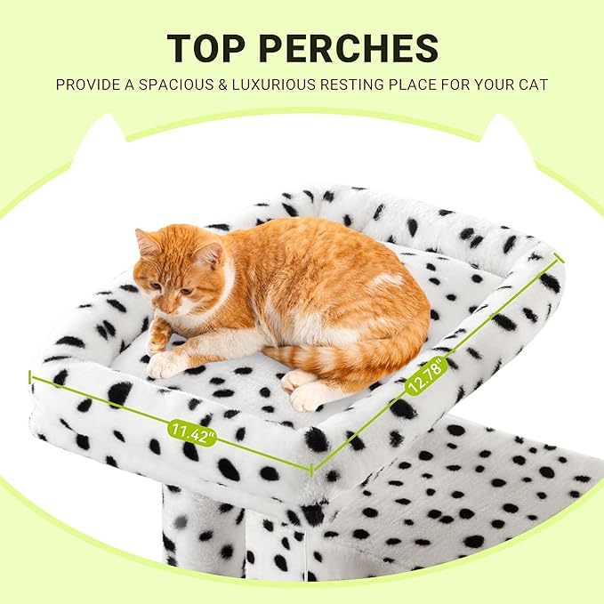 Allewie 64 Inches Cat Tree Tower/Multi-Level Activity Center for Indoor Big Felines/2 Plush Condos/2 Perchs/Basket/House/Sisal Scratching Posts/Hanging Cat Toys/White & Black Spot-PawvioPets