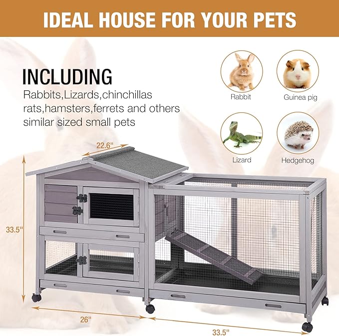 Bunny Cage Indoor and Outdoor Rabbit Hutch with Casters Waterproof Roof, Pull Out Tray from Back and Front 61.2" L x 22.6" W x 33.5" H-PawvioPets
