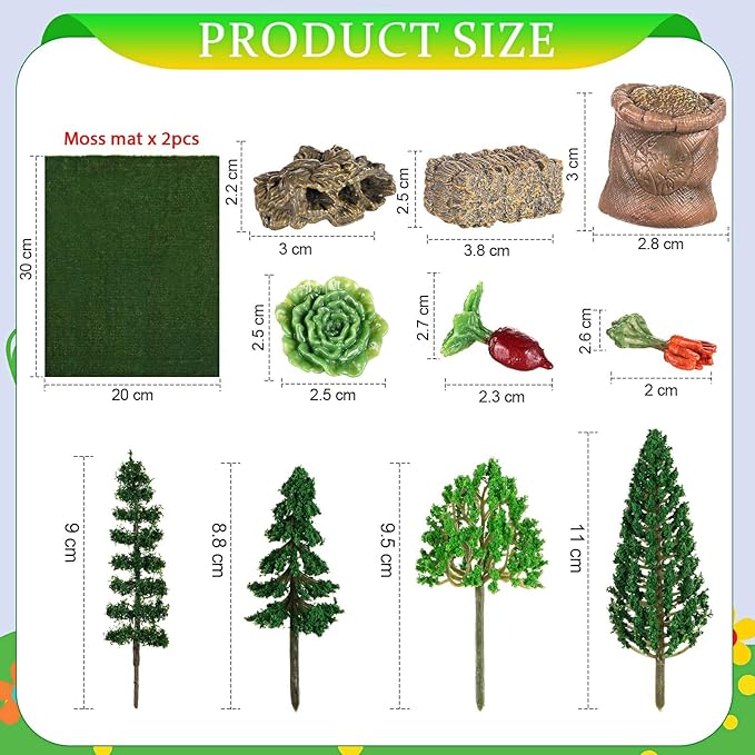 27 Pcs Farm Toys Set, 3 Little Farmer Figurines 9 Plastic Animals Figurines 10 Feed Food Fence Playset 4 Model Trees 1 Moss Mat Animal Farm Toys for Educational School Project Gift-PawvioPets