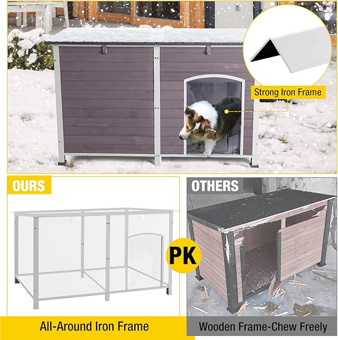 Aivituvin Outdoor Dog House 59" Extra Large Insulated Dog Kennel with Insulation Liner for Winter,All-Around Iron Frame-PawvioPets