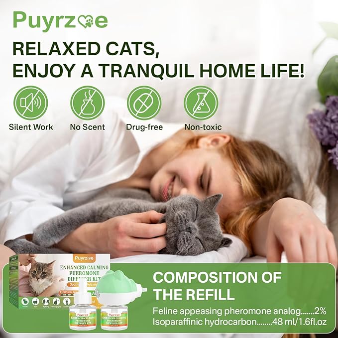 Cat Calming Diffuser with Three Timing Functions, 3-in-1 Cat Pheromones Calming Diffuser Kit, 60-Day Anxiety Relief, Stress Reduction & Relaxation for All Cats (1 Diffuser + 2 Refills)-PawvioPets