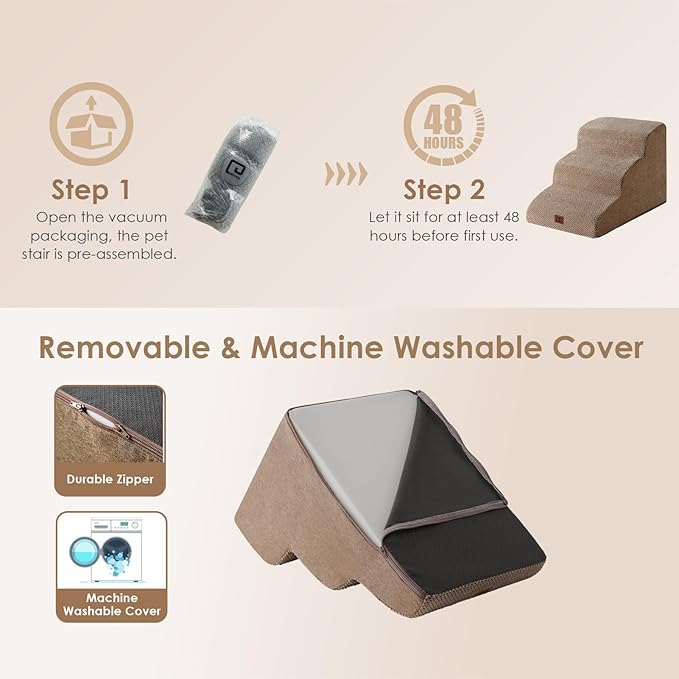 EHEYCIGA Curved Dog Stairs Ramp for Small Dogs 15.7" H, 3-Step Dog Steps for Couch Sofa and Chair, Pet Stairs for Cats, Non-Slip Balanced Pet Steps Indoor, Camel-PawvioPets