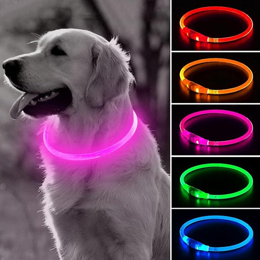 BSEEN Light Up Dog Collar, Rechargeable LED Dog Collar Waterproof Glowing Pet Collar TPU Cuttable Lighted Puppy Collar Safety Dog Lights for Night Walking (Pink 70cm)-PawvioPets