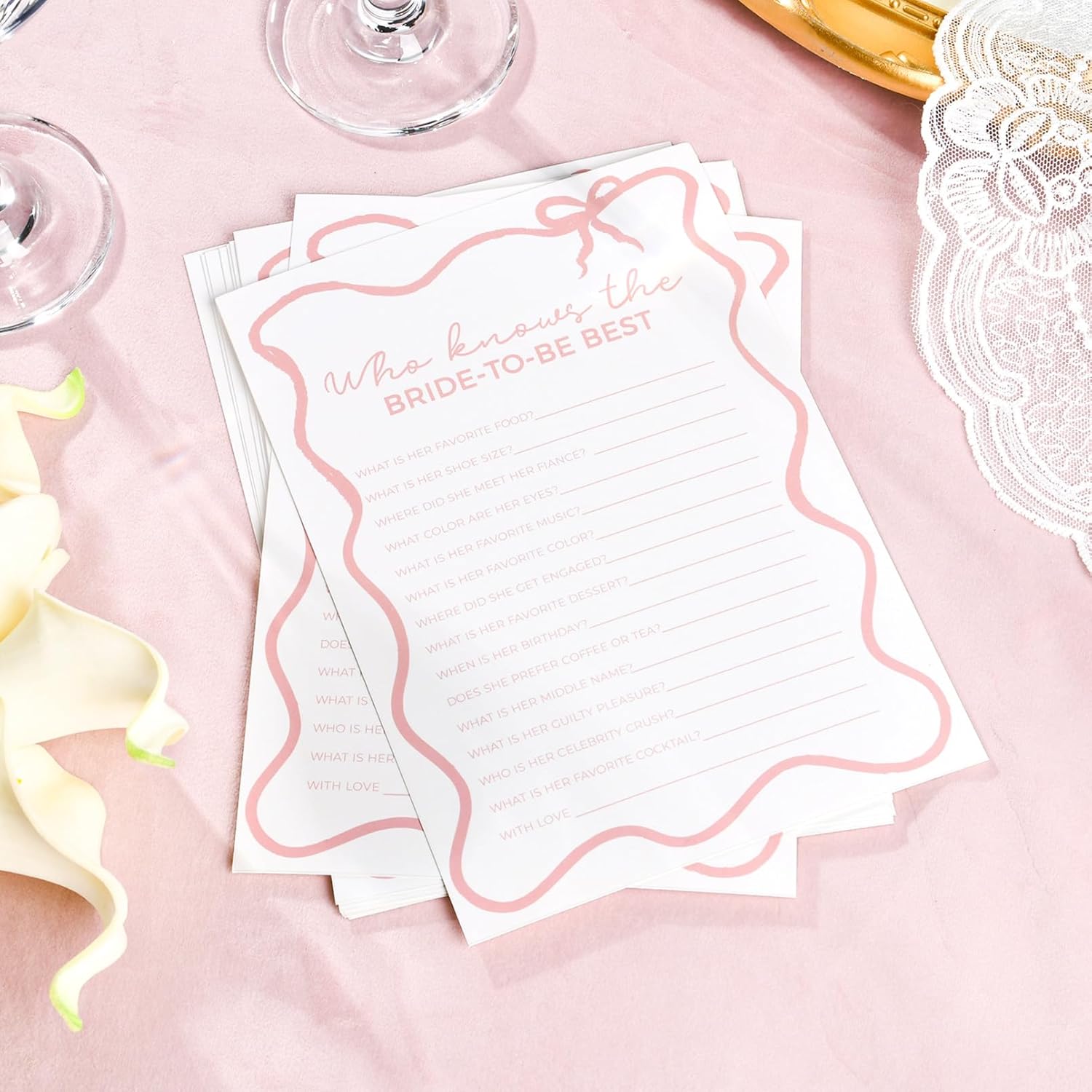 DEEKA 30 PCS Bridal Shower Games Card for 30 Guests White Pink Wavy Border Ribbon Bow Funny Wedding Bachelorette Party Games for Reception (Who Knows The Bride-to-be Best)