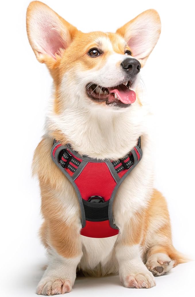 Eagloo Dog Harness Medium Sized Dog, No Pull Service Vest with Reflective Strips and Control Handle, Adjustable and Comfortable for Easy Walking, No Choke Pet Harness with 2 Metal Rings, Red, M-PawvioPets