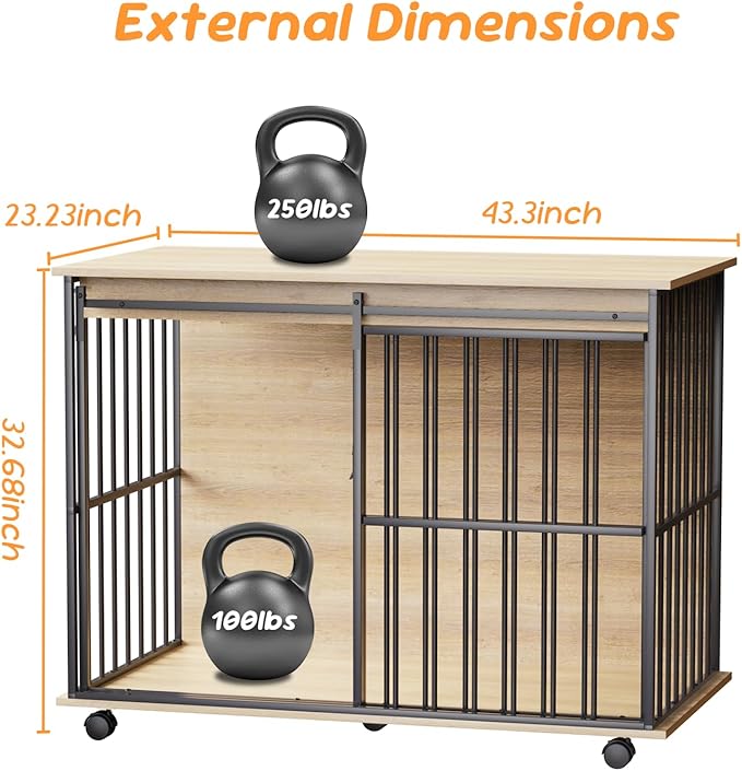 43.7" Dog Crate Furniture, XL Dog Crate Dog Kennel Indoor with Wheels for Large Medium Small Dogs, Wooden Dog Kennel End Table with Sliding Door Wooden Furniture Crates for Living Room, Bedroom-PawvioPets