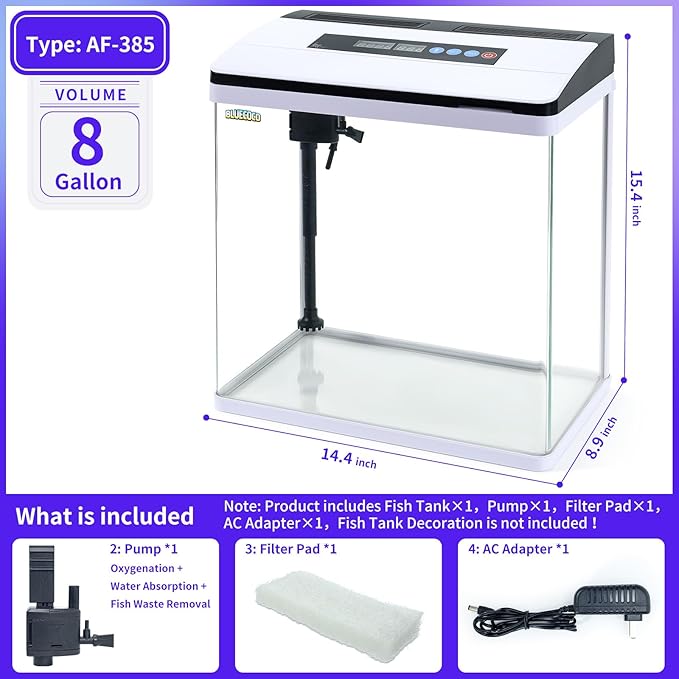8 Gallon Fish Tank Starter Kit: Glass Aquarium w/Eco-Cycle Filter, 7-Color LED & Air Pump for Betta. Features 360° Crystal View, Temp/Time Display & Quiet Operation All-in-One Aquarium Kit-PawvioPets