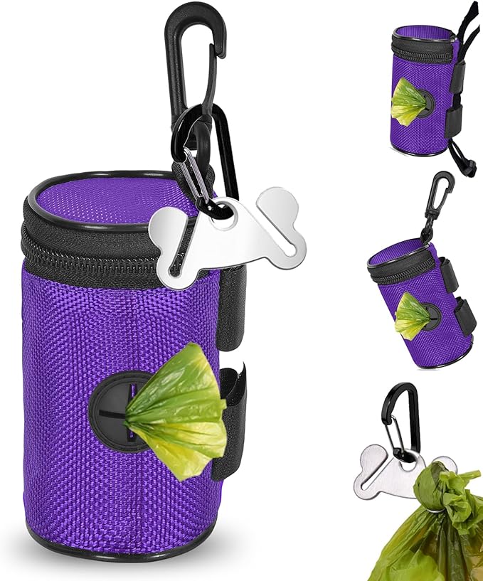 Dog Poop Bag Holder for Leash Attachment - Waste Bag Dispenser for Leash - Fits Any Dog Leash - Portable Set with Hand Free Holder Metal Carrier, Round Shape, Purple-PawvioPets